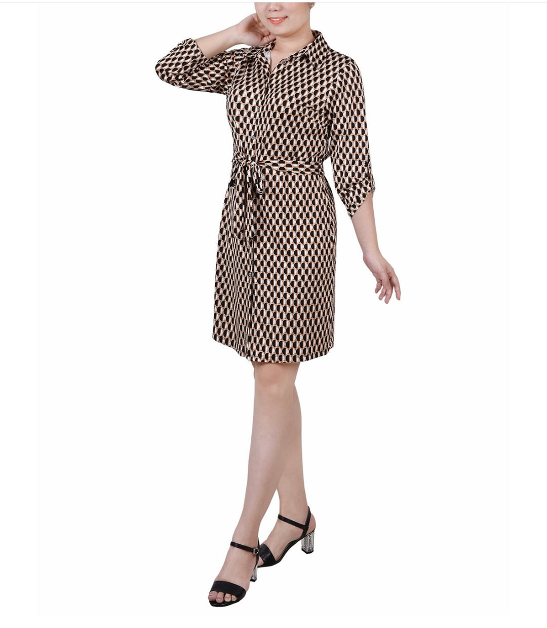 NY Collection Women's 3/4-Sleeve Printed Shirt Dress Petite Size PXL