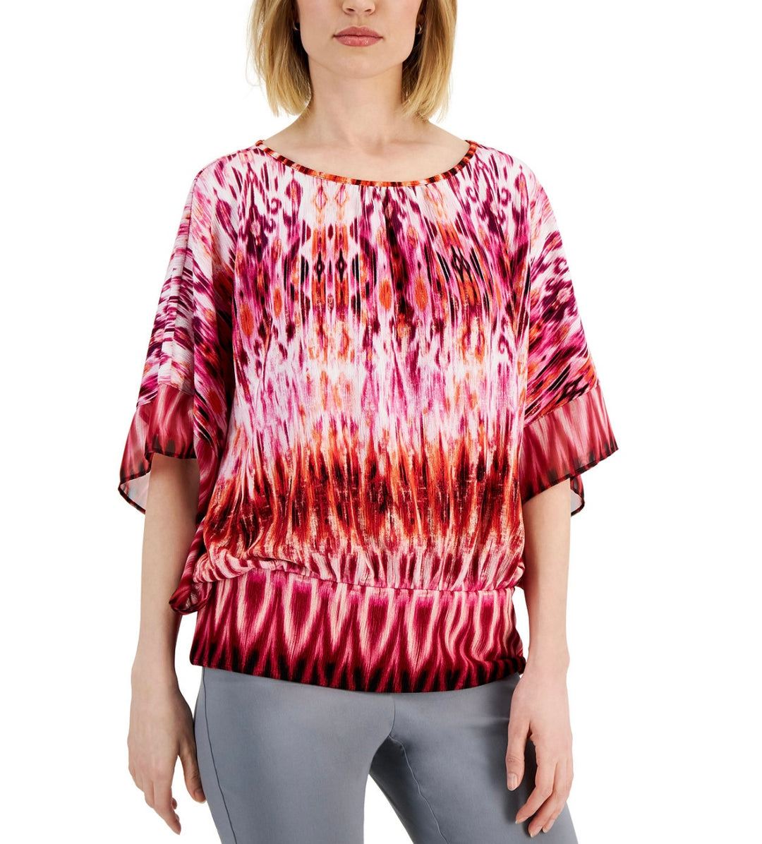 JM Collection Women's Scoop Neckline Ikat-Print Fitted-Waist Top Size M