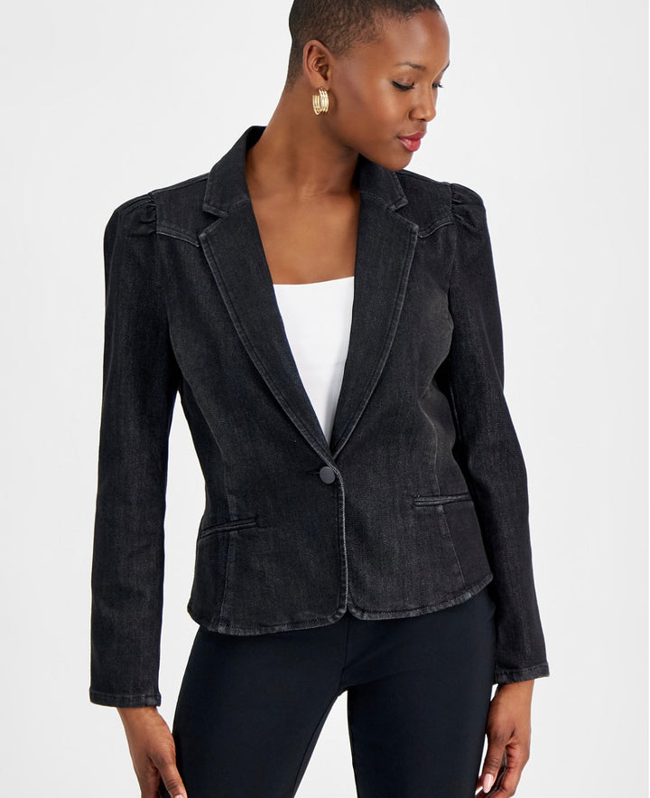 INC International Concepts Women's Petite Puff-Sleeve Denim Blazer Black