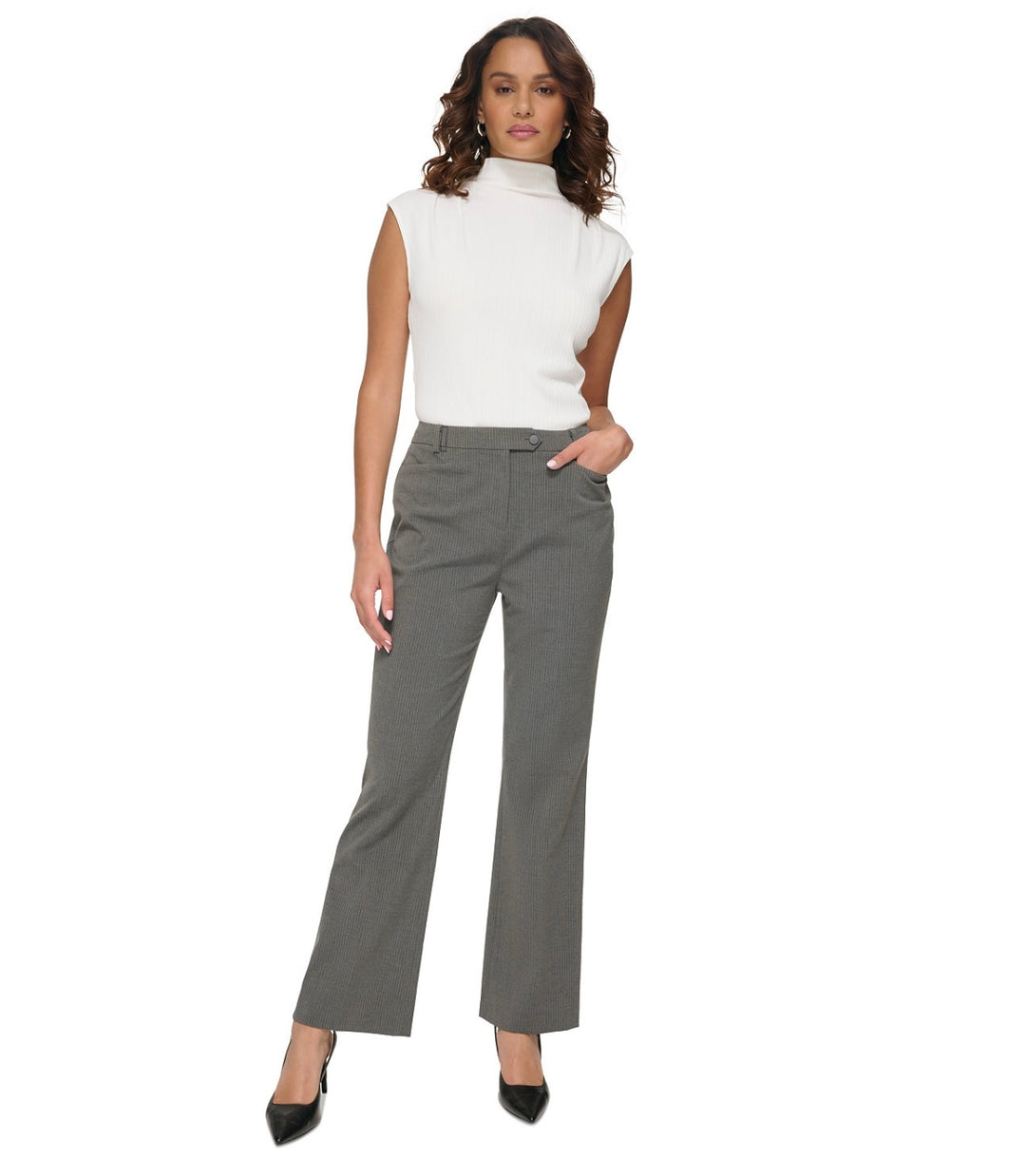 Calvin Klein Women's Pinstripe Straight-Leg Pants Charcoal/Cream