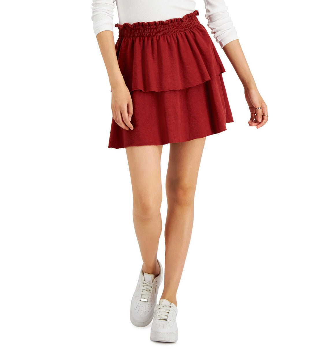 Planet Gold Juniors' Elastic Waist Tiered Mini Skirt Henna Brown Size XL