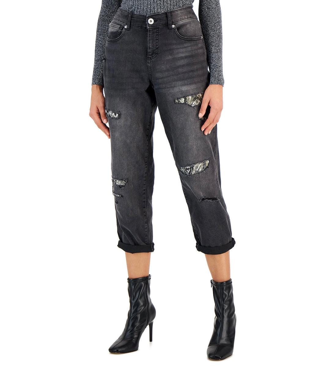 INC International Concepts Women's Rip-Repair Boyfriend Jeans Washed Black