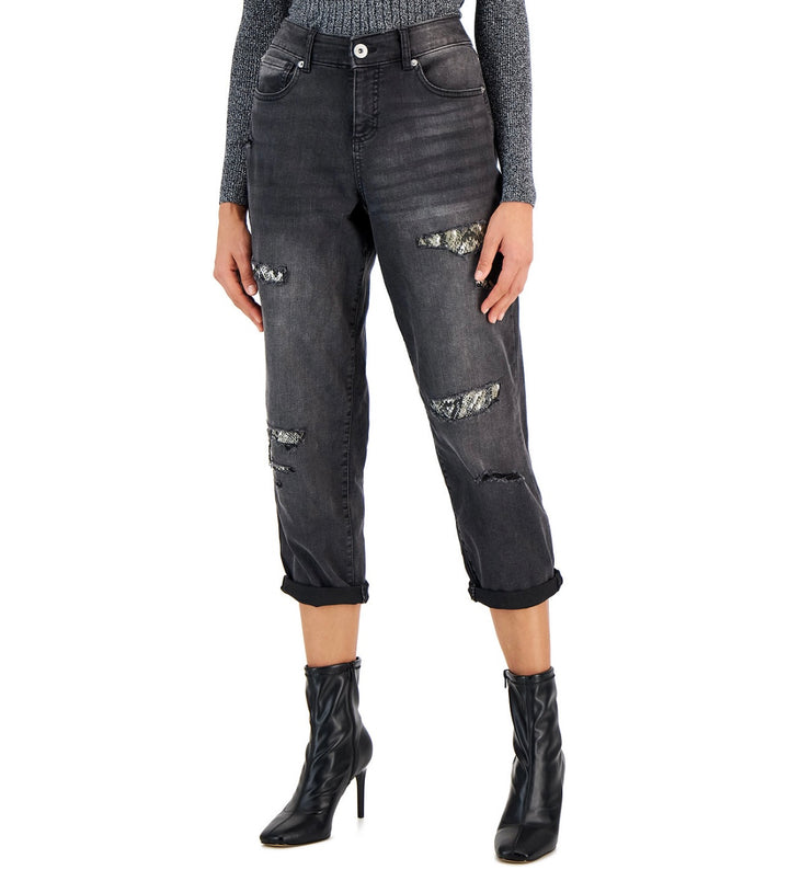 INC International Concepts Women's Rip-Repair Boyfriend Jeans Washed Black