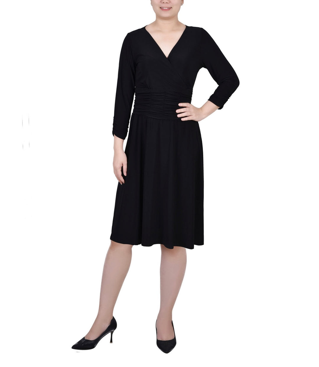 NY Collection Women's 3/4 Sleeves Ruched A-line Dress Black Petite Size PM