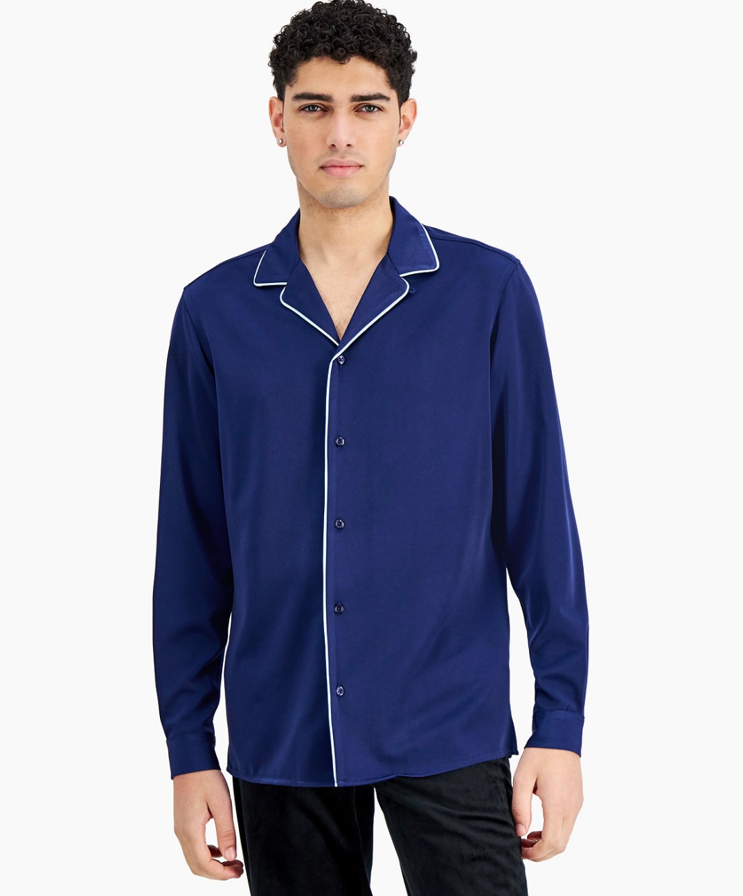 Inc Men's Regular-Fit Contrast Piped Camp Shirt Navy Bud Size XL