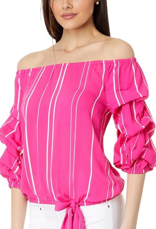 Vince Camuto Women's Striped Off The Shoulder Bubble Sleeve Tie Front Blouse