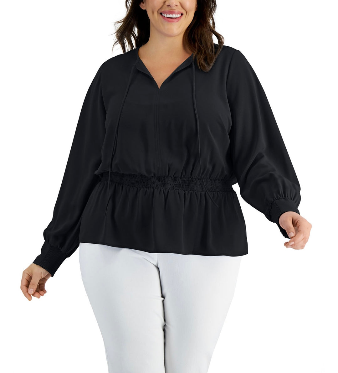 Alfani Women's V-Neck Smocked Peplum Top Deep Black Plus Size 1X