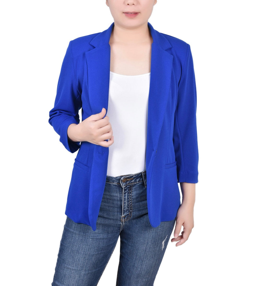 NY Collection Women's 3/4 Sleeve Heavy Jacquard Knit Jacket Royal Petite Size PM