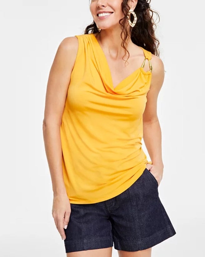 INC International Concepts Women's O-Ring Cowlneck Top Mango Daquiri Size L