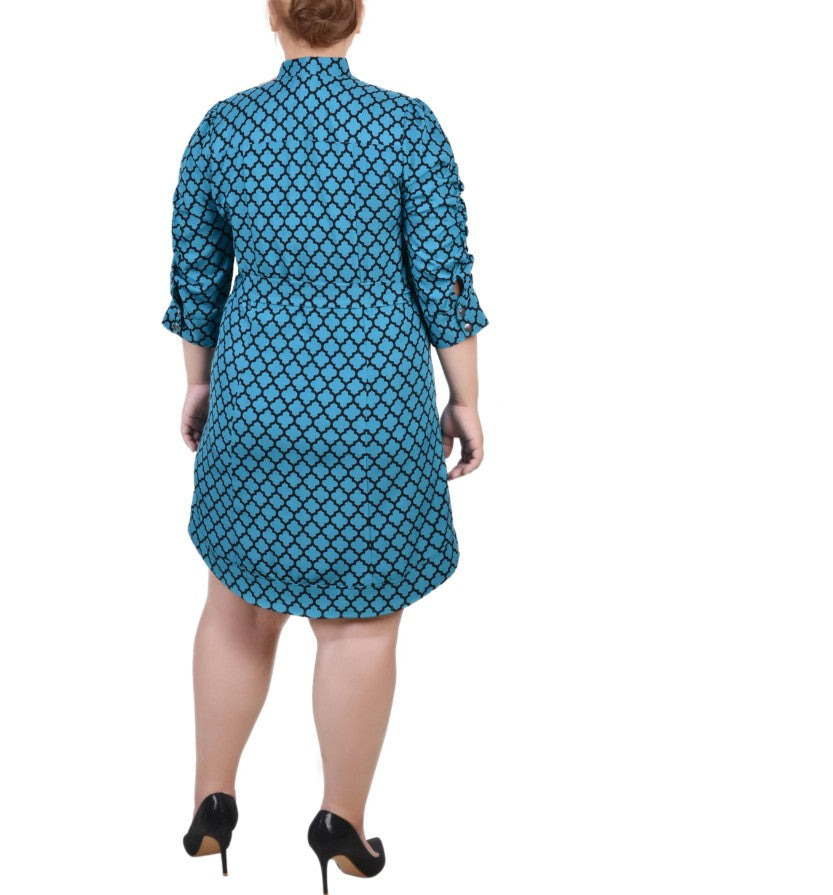 NY Collection Women's 3/4 Rouched Sleeve Belted Dress Harbor Blu Plus Size 2X