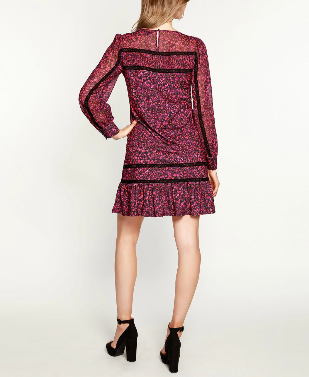 Belldini Black Label Women's Petite Wild Ditsy Mixed Media Dress Dark Plum Combo