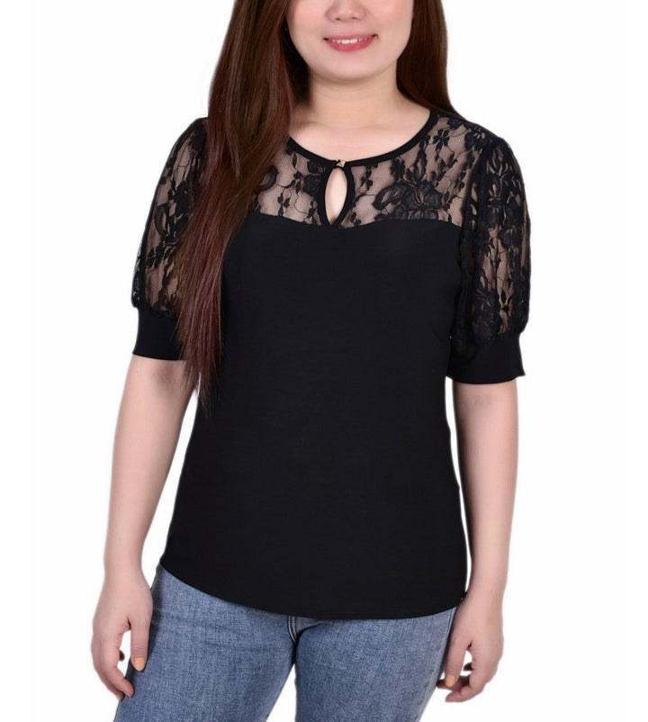 NY Collection Women's Puff Sleeve Lace Top Black Petite Size PXL