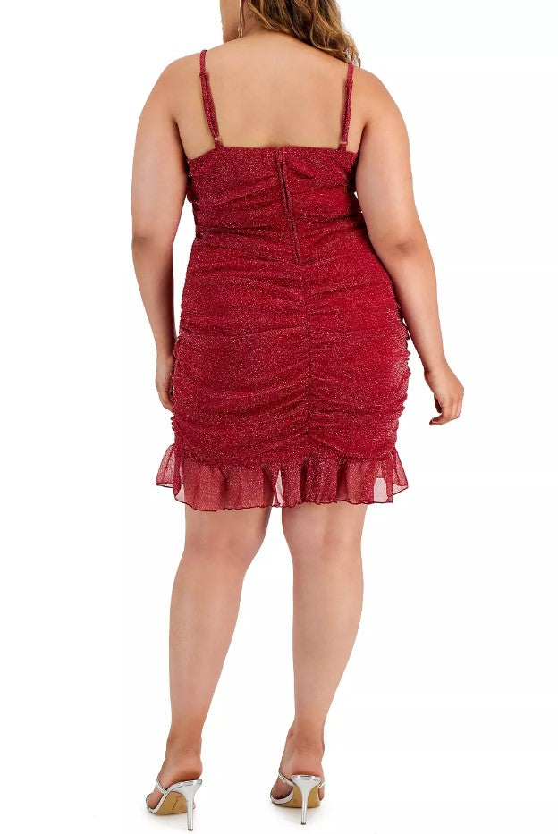 City Studio Women's Trendy Ruched Metallic Mesh Mini Dress Wine Silver