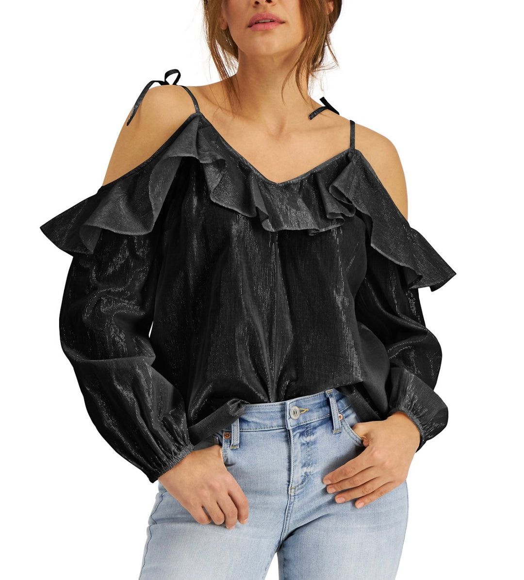 INC International Concepts Women's Cold-Shoulder Blouse Deep Black Size XS