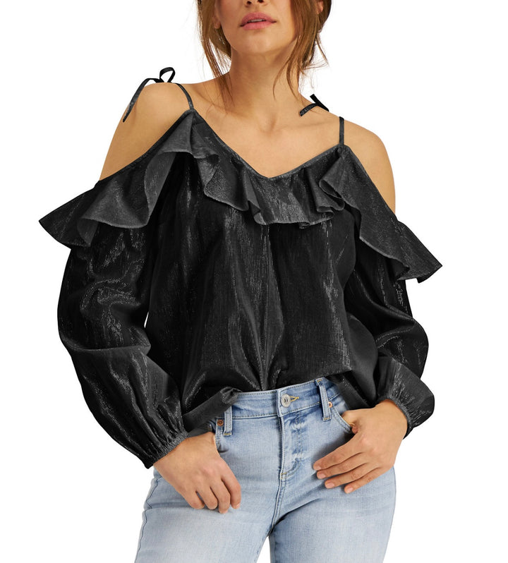 INC International Concepts Women's Cold-Shoulder Blouse Deep Black Size XS