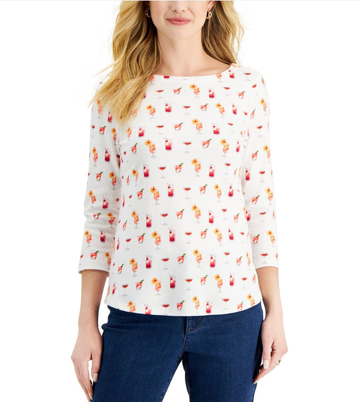 Charter Club Women's 3/4-Sleeves Cotton Printed Top Bright White Combo