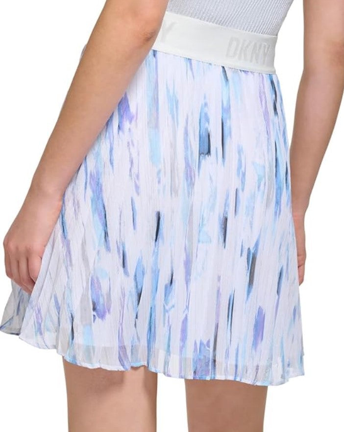 DKNY Women's Above Knee Printed Pleated Skirt White Blue Size XL