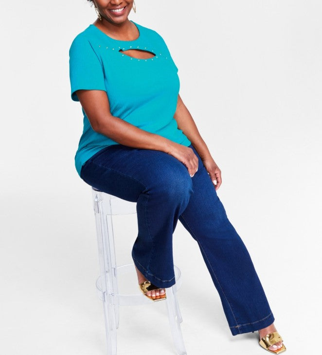 INC International Concepts Women's Studded Cutout Top Fresco Blue Plus Size 1X