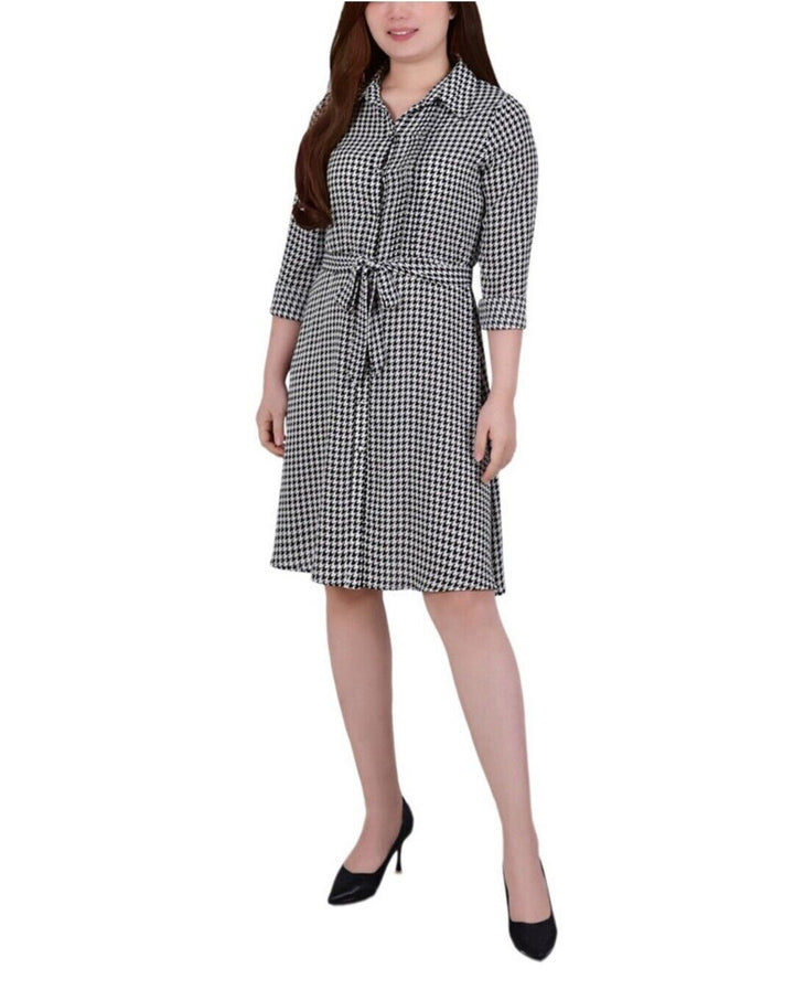 NY Collection Women's Long Sleeve Belted Shirtdress Black/White Petite Size PM