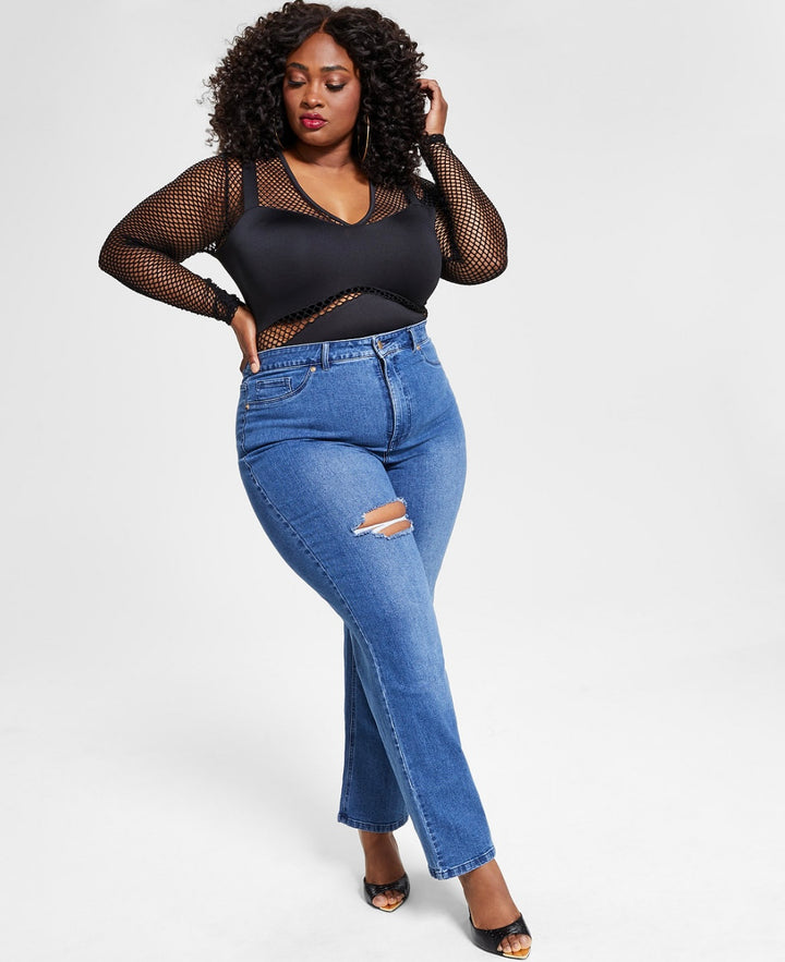 Nina Parker Women's Trendy High-Waist Wide-Leg Jeans Med Dark Wash Plus Size 24W