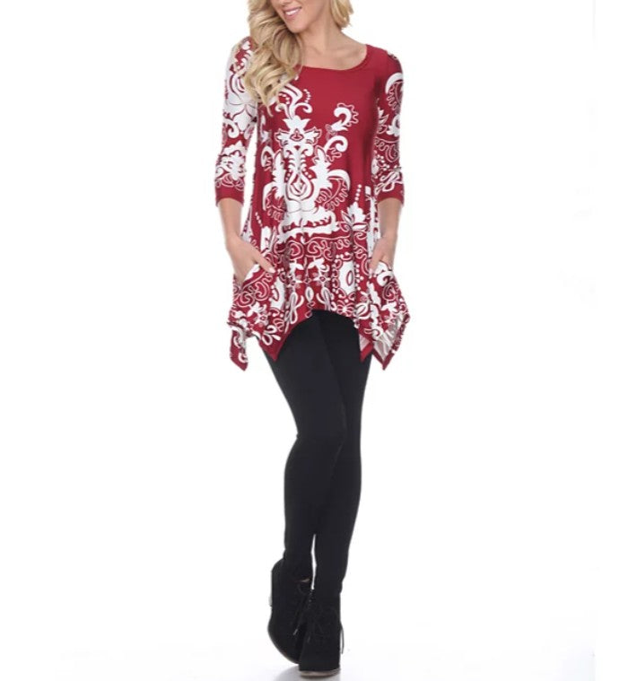 White Mark Women's 3/4 Sleeve Asymmetric Yanette Tunic Top Dark Red Size L
