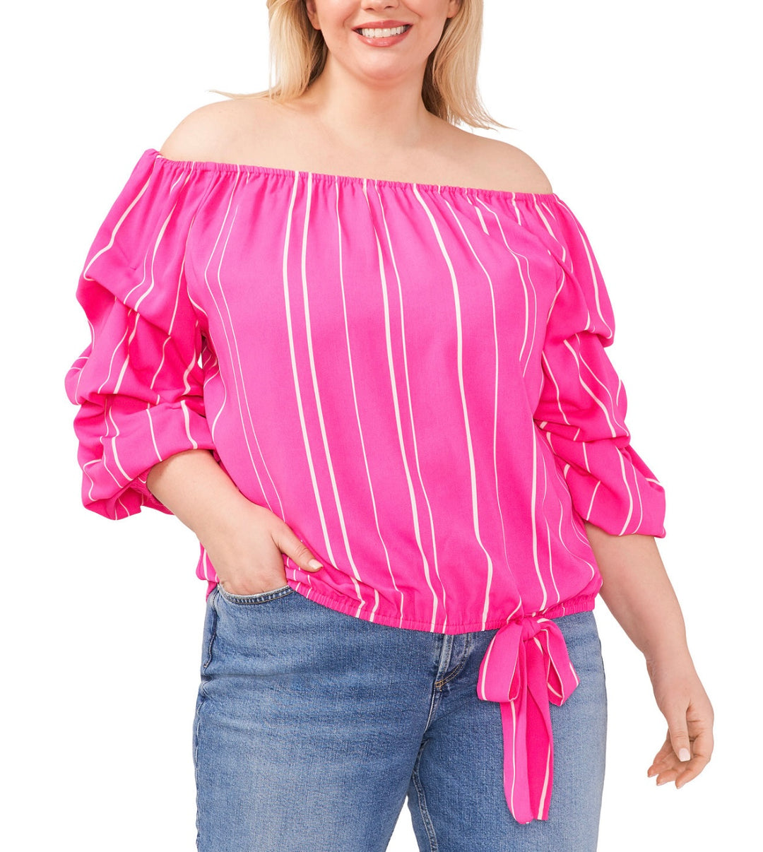 Vince Camuto Women's Striped Off The Shoulder Bubble Sleeve Tie Front Blouse