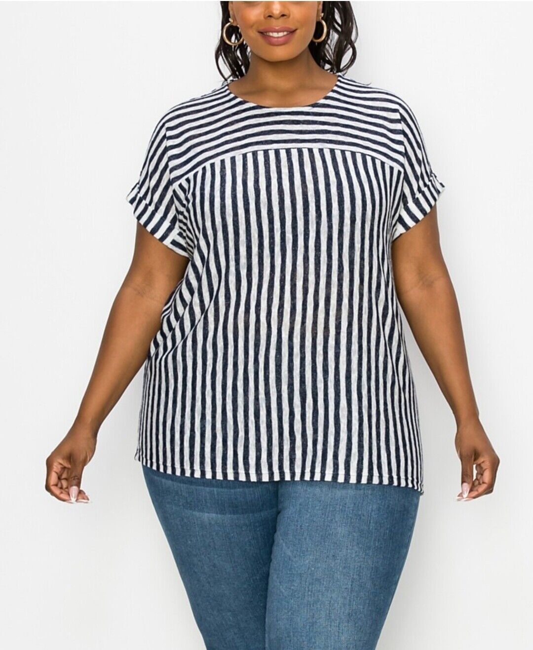 COIN 1804 Women's Stripe Yoke Dolman Top White-Navy Short Sleeve Plus Size 3X