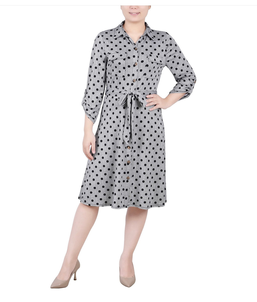 NY Collection Women's 3/4 Sleeve Roll Tab Shirtdress Petite Size PS