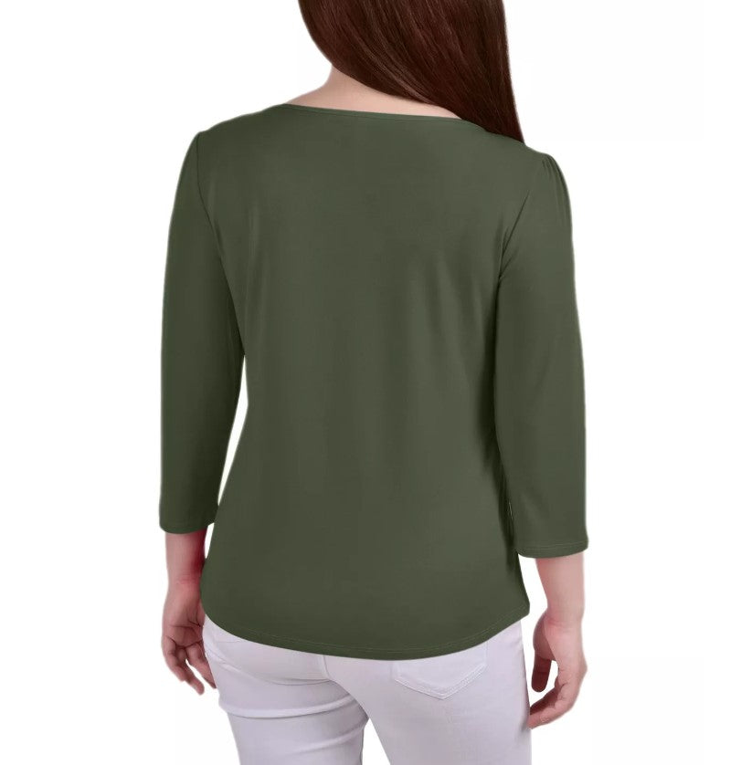 NY Collection Women's 3/4 Sleeve Crepe Knit Top Olivine Petite Size PM