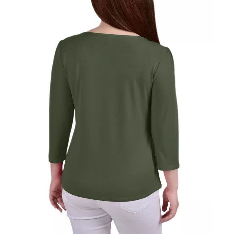 NY Collection Women's 3/4 Sleeve Crepe Knit Top Olivine Petite Size PM