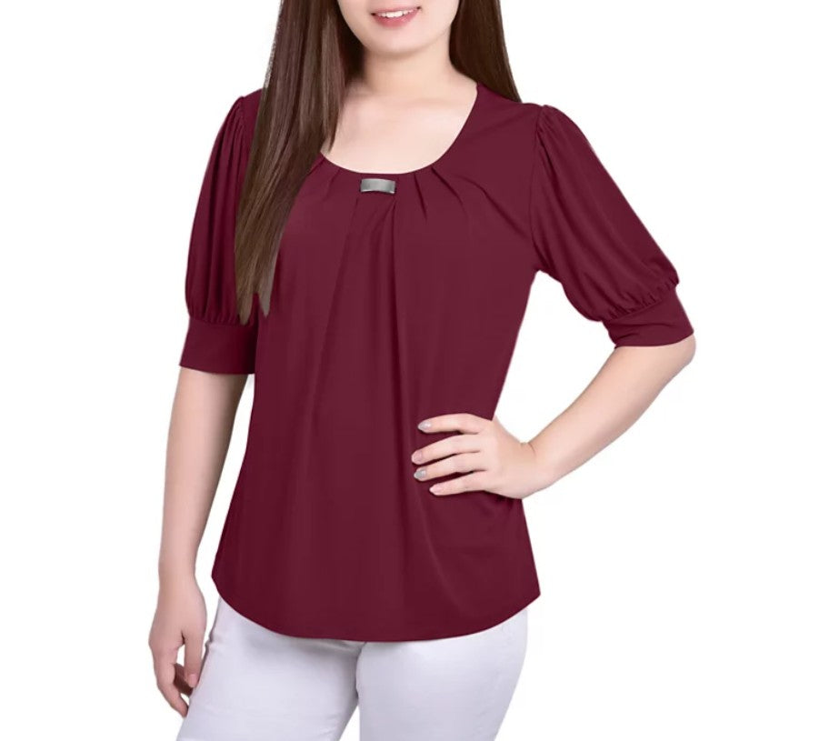NY Collection Women's Short Balloon Sleeve Top Rhododendron Size XL