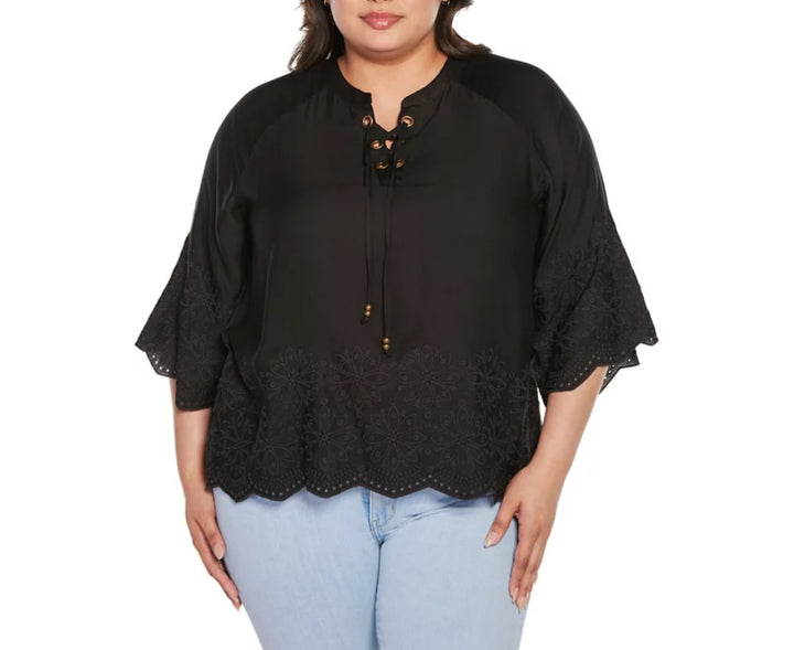 Belldini Women's Black Label Raglan 3/4-Sleeve Embroidered Top Plus Size 2X