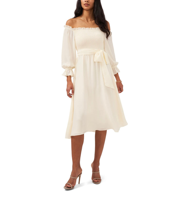 1.State Women's Off The Shoulder Bubble Sleeve Smocked Dress New Ivory Size XL