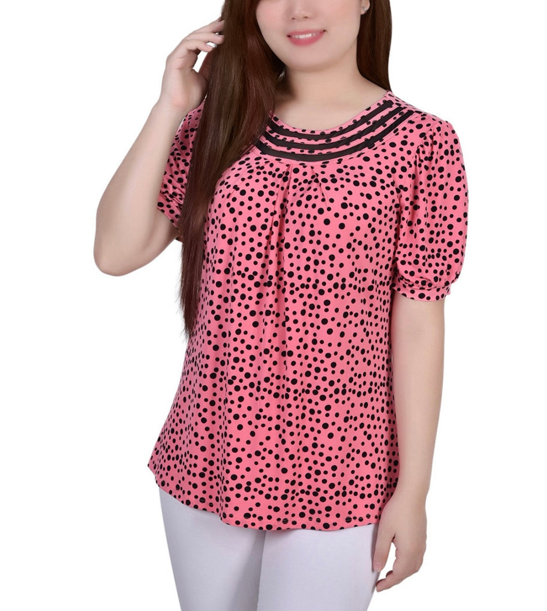 NY Collection Women's Short Puff Sleeve Mesh Inset Top Petite Size PL