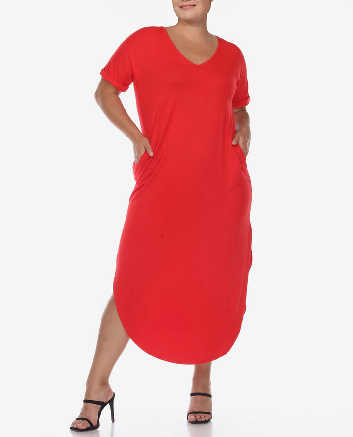 White Mark Women's Short Sleeve V-Neck Maxi Dress Red Plus Size 1XL