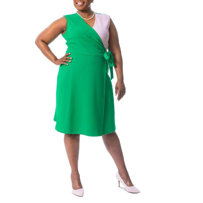 Kasper Women's V-Neck Knee-Length Wrap Dress Apple Green/Salmon Pink Size XL
