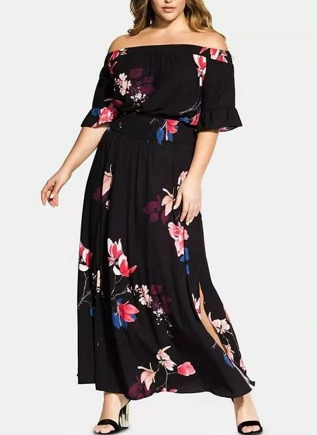 City Chic Women's Spring Lotus Off the Shoulder Maxi Dress Black Plus Size L/20