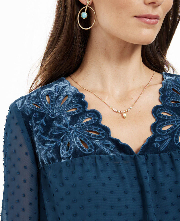 Style & Co Women's Mixed-Media Sheer-Sleeve Blouse Eyelet Kale Green Size S - L