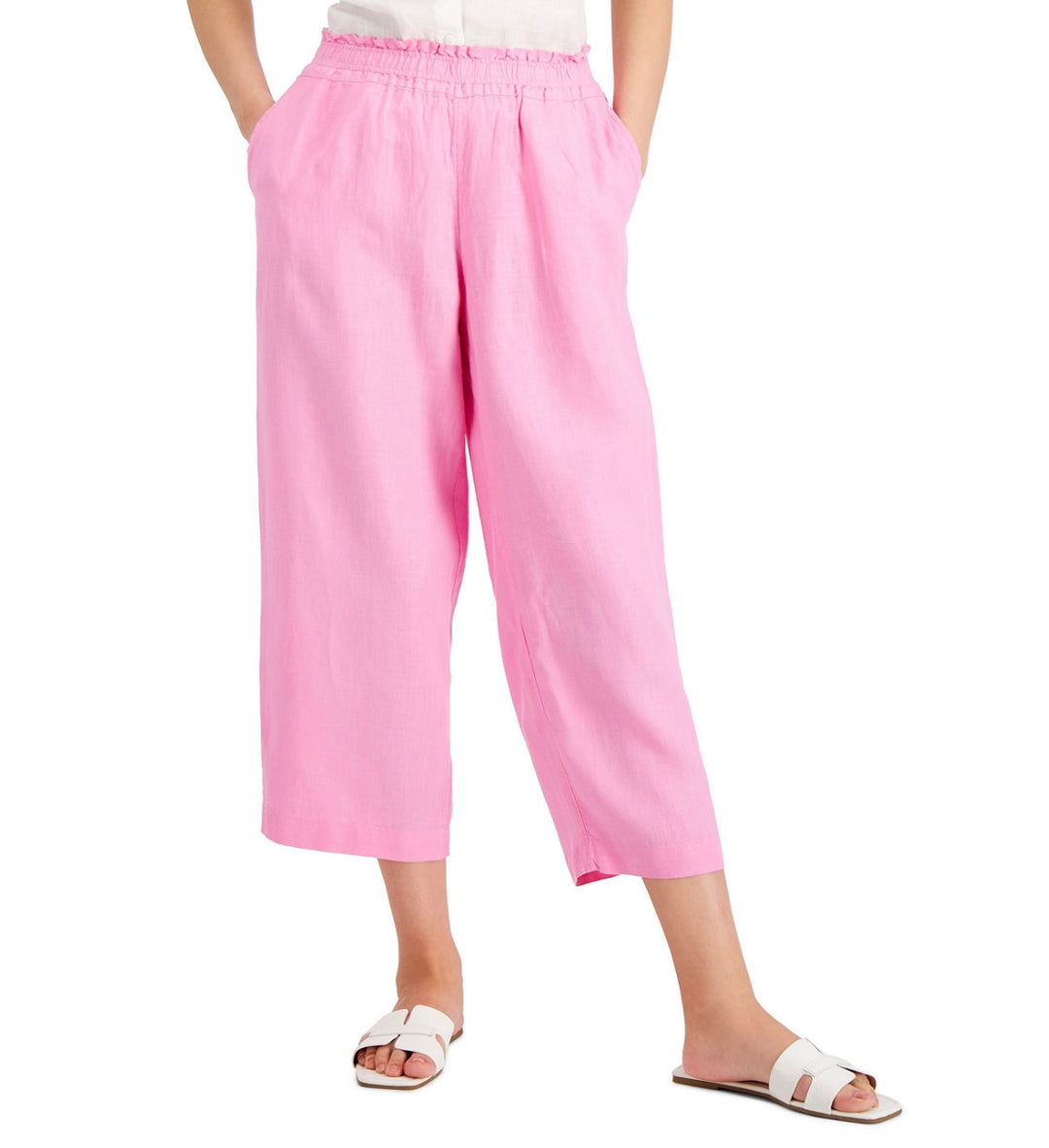 Charter Club Women's Elastic Waits Linen Cropped Pull-On Pants Bubble Bath