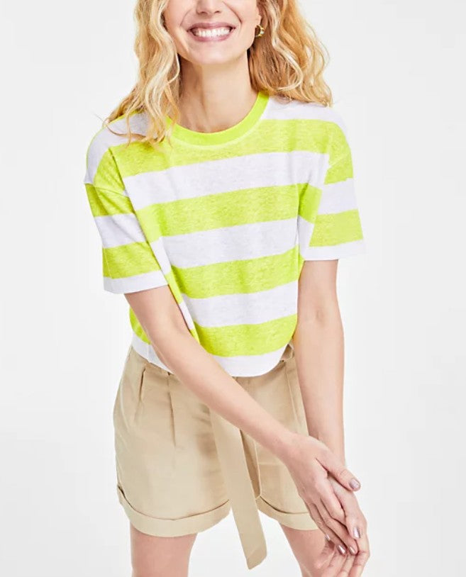 On 34th Women's Cropped Stripe T-Shirt Lemon Lime Combo Size S