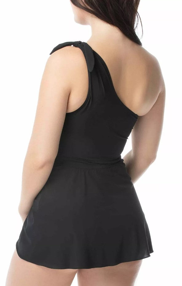 Coco Reef Women's Rosaline One-Shoulder Tummy-Control Sarong Swim Dress Black