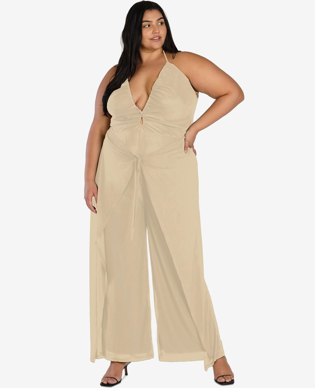 Bar III Women's Nicole Williams English Halter Jumpsuit Beige Plus Size 1X