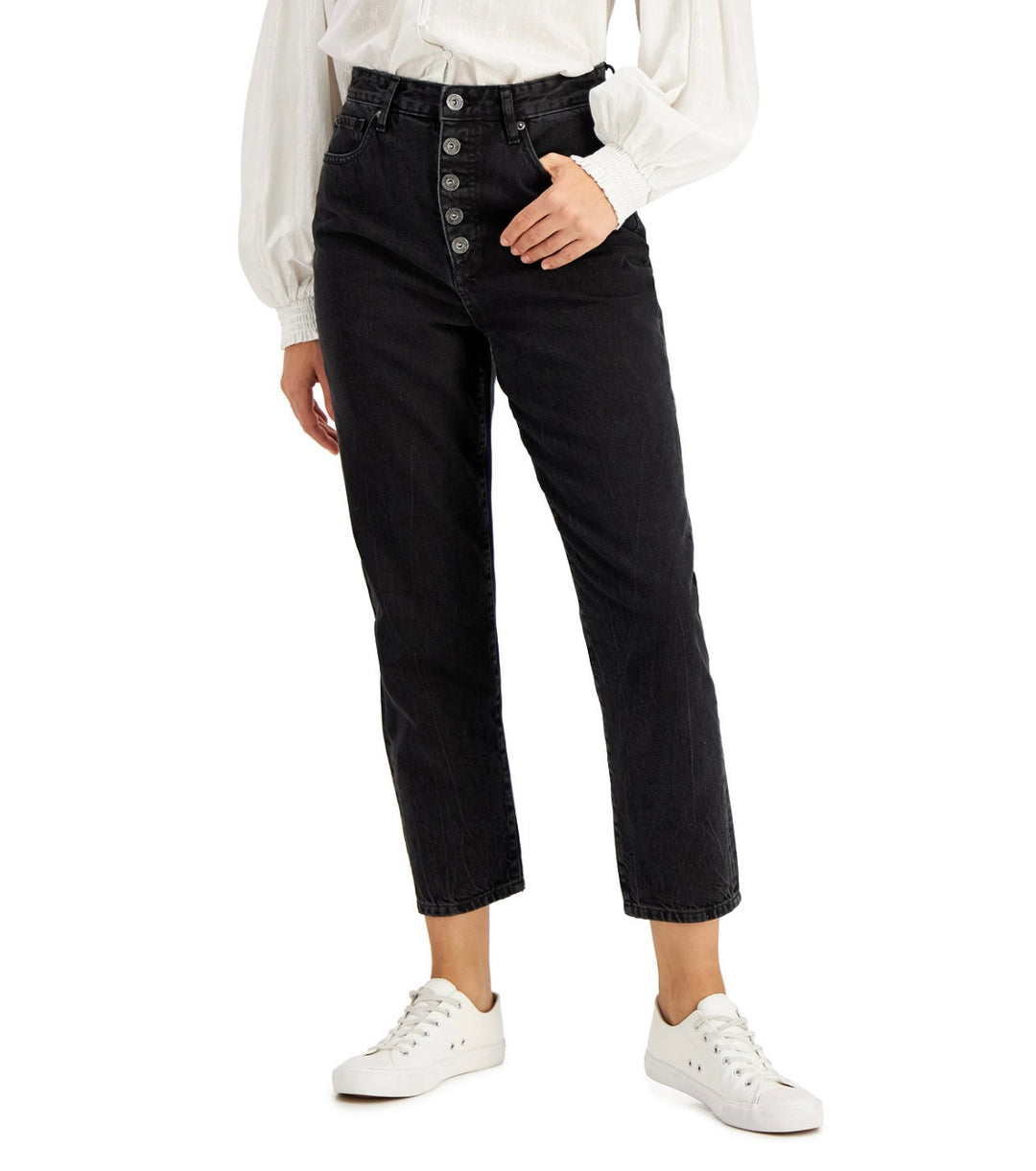 INC International Concepts Women's High Rise Button-Fly Mom Jeans Black