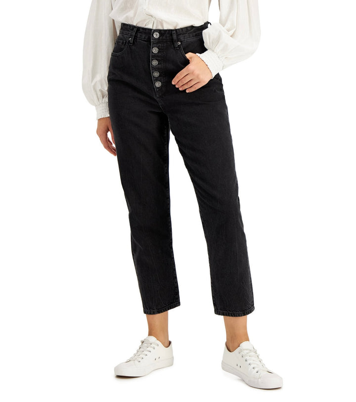 INC International Concepts Women's High Rise Button-Fly Mom Jeans Black