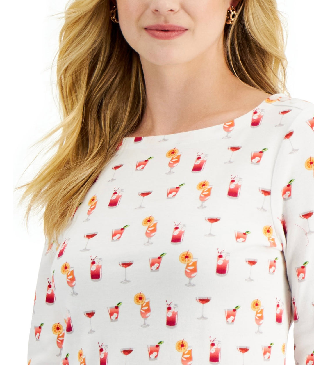 Charter Club Women's 3/4-Sleeves Cotton Printed Top Bright White Combo