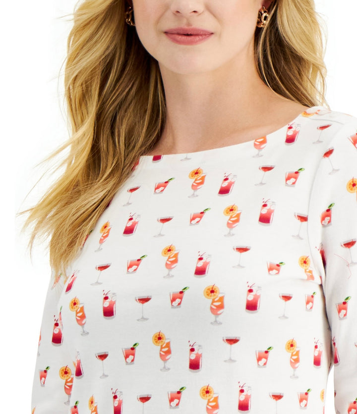 Charter Club Women's 3/4-Sleeves Cotton Printed Top Bright White Combo