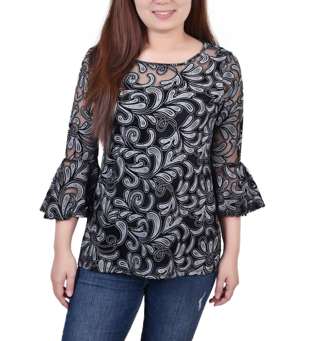 NY Collection Women's Printed Elbow Sleeve Blouse Black Scrolleaf Petite Size PM