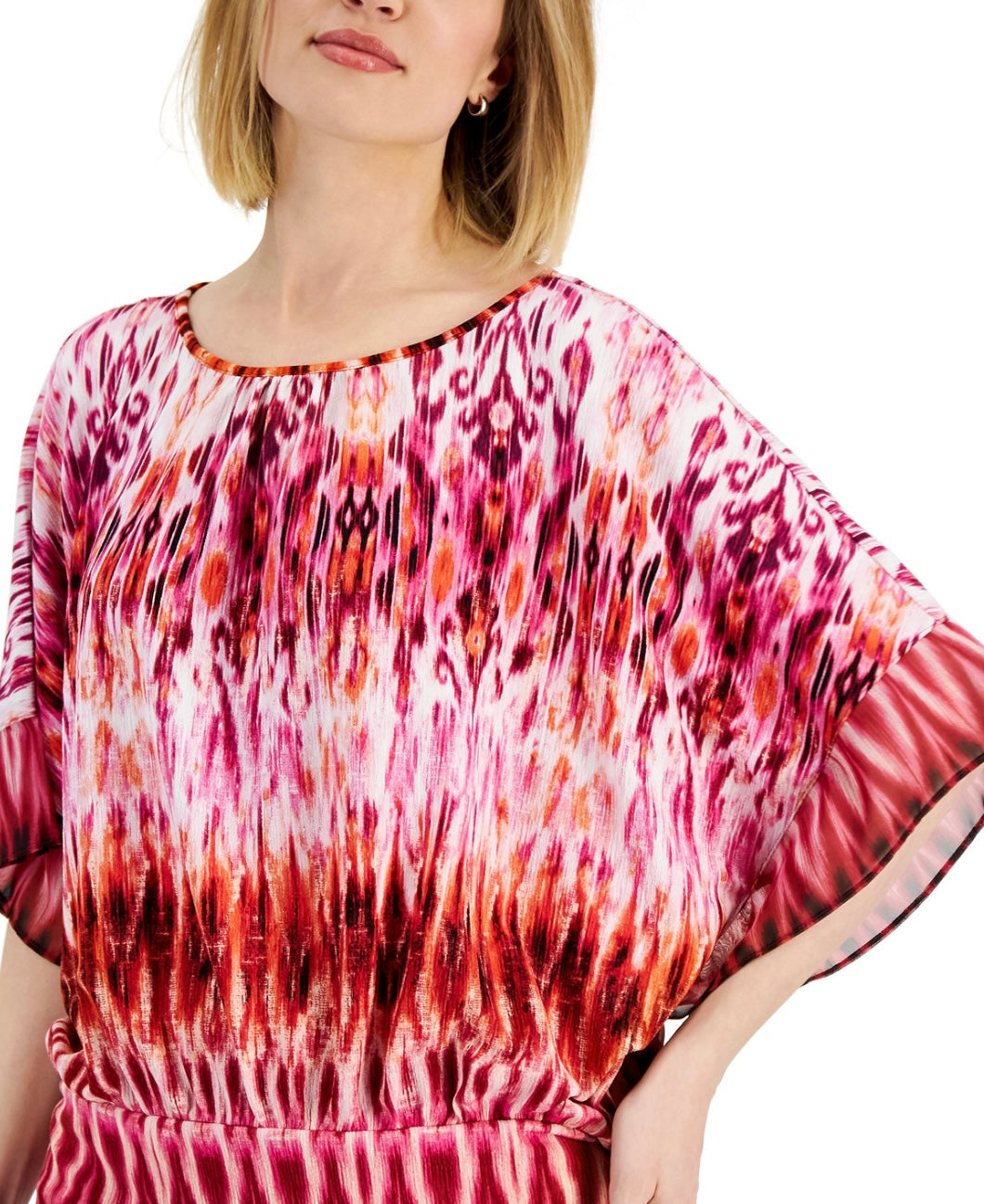 JM Collection Women's Scoop Neckline Ikat-Print Fitted-Waist Top Size M