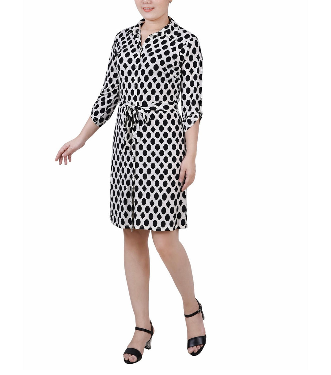 NY Collection Women's Petite Elbow Sleeve Y Neck Shirtdress White Black