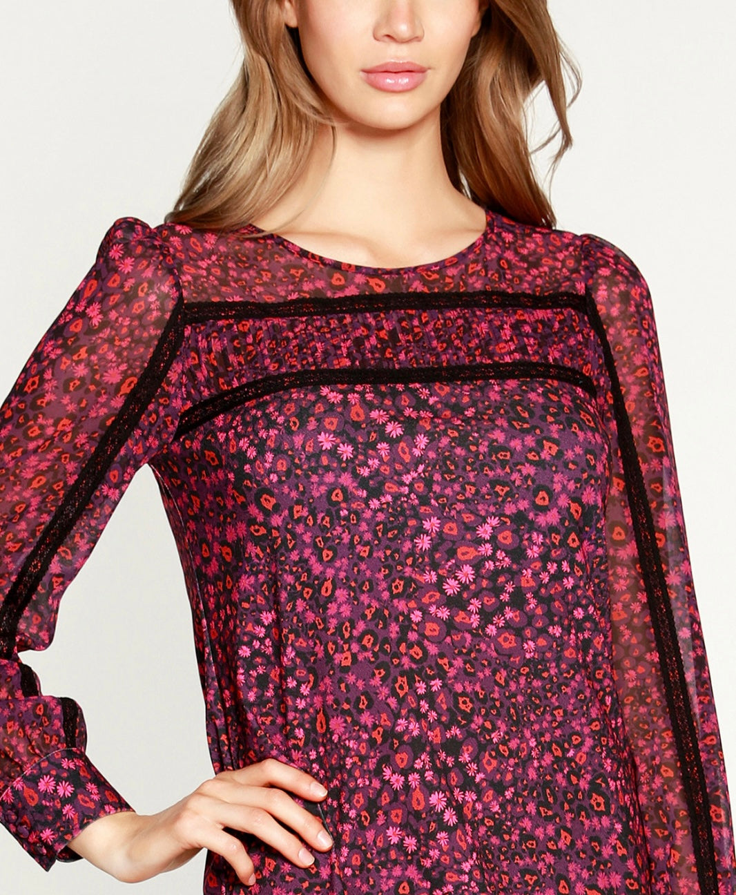 Belldini Black Label Women's Petite Wild Ditsy Mixed Media Dress Dark Plum Combo